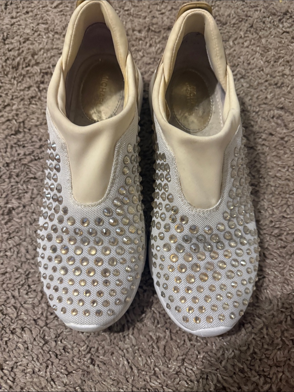 Michael Kors Cream Slip-On Sneakers with Gold Studs